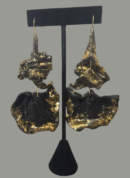 Dramatic Black Sculpted Pierced Earrings with Gold Leaf - OOAK Couture