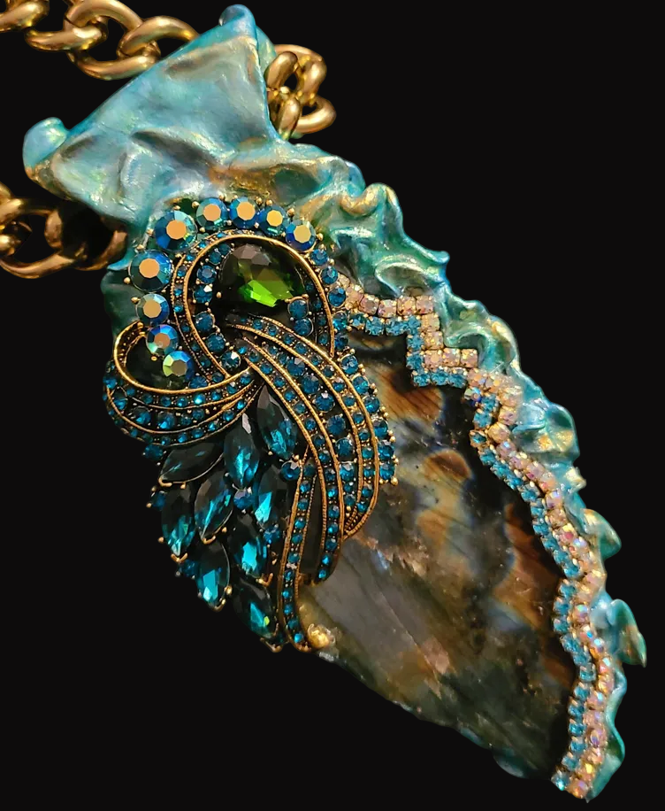 Sculpted Labradorite Pendant with Ornate Rhinestone Jewel - Bold Chain