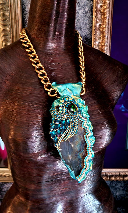 Sculpted Labradorite Pendant with Ornate Rhinestone Jewel - Bold Chain