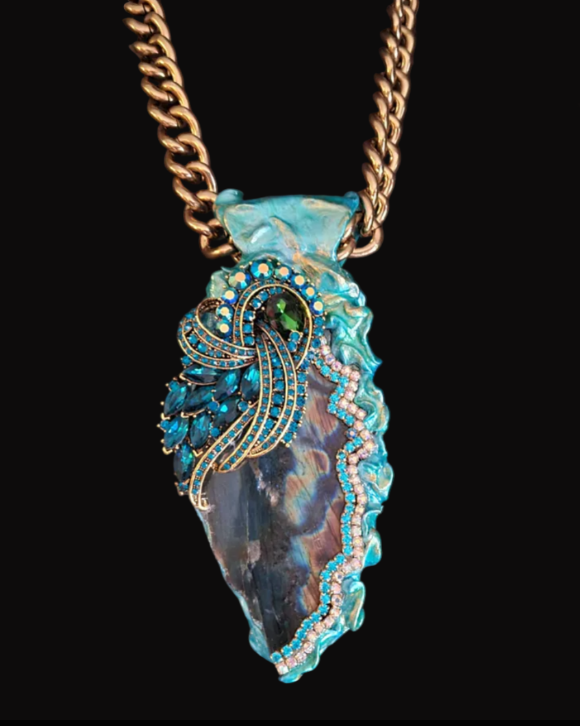 Sculpted Labradorite Pendant with Ornate Rhinestone Jewel - Bold Chain