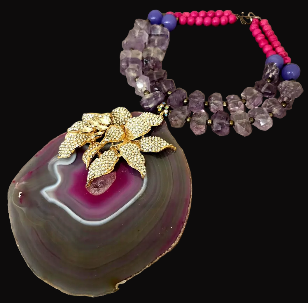 Huge Orchid Rhinestone Agate Pendant on a Faceted Amethyst Necklace