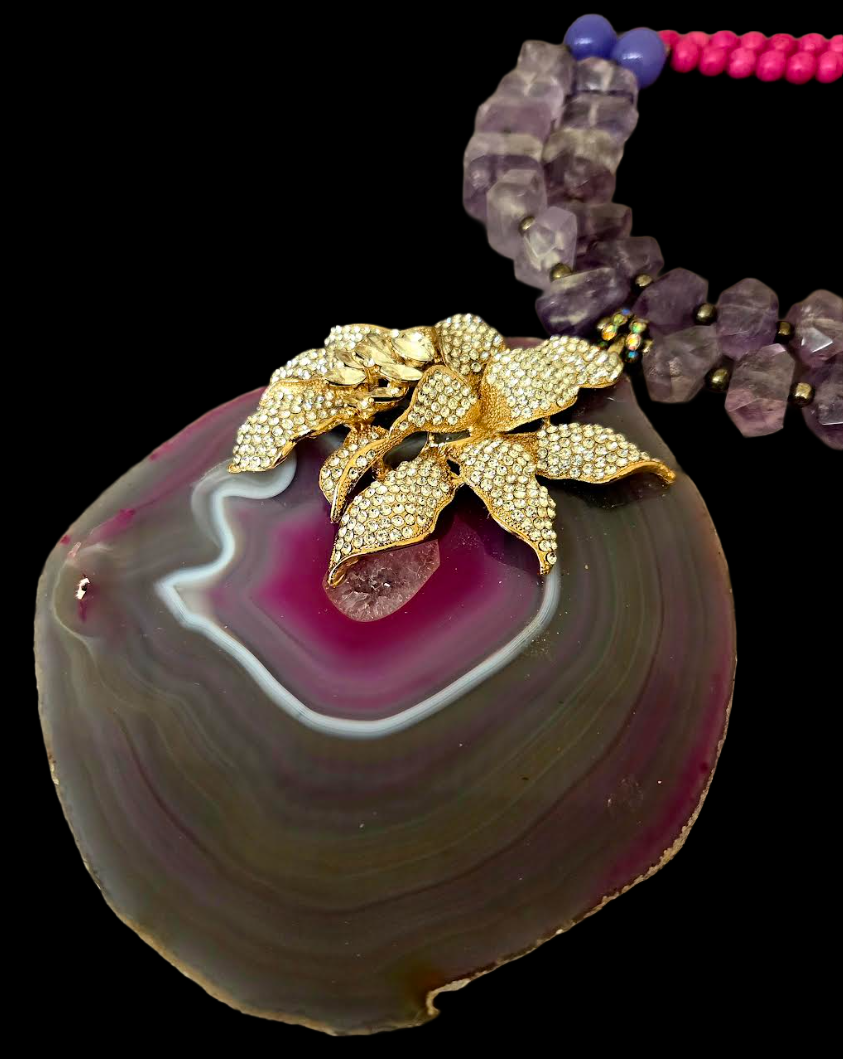 Huge Orchid Rhinestone Agate Pendant on a Faceted Amethyst Necklace
