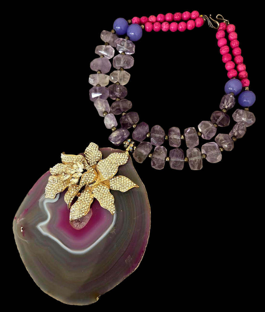 Huge Orchid Rhinestone Agate Pendant on a Faceted Amethyst Necklace