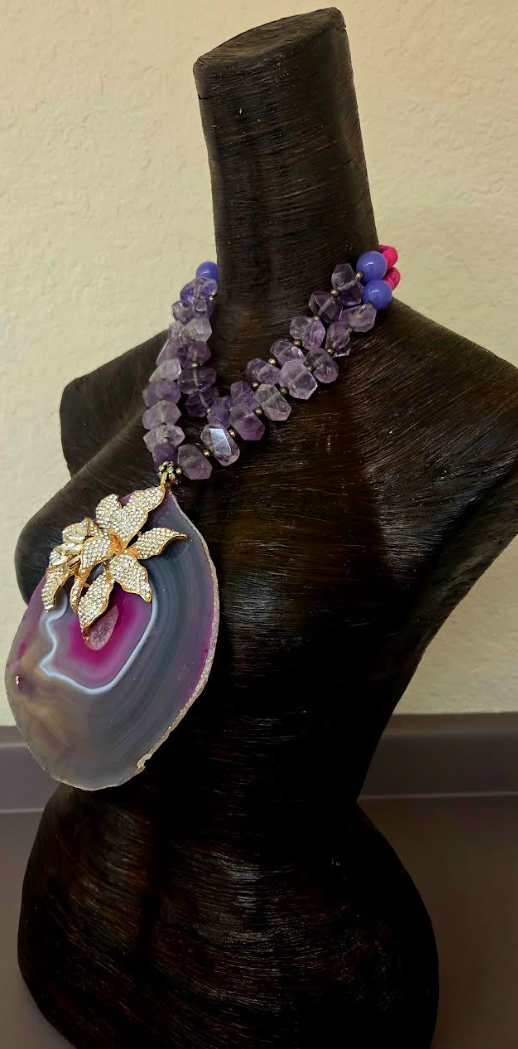 Huge Orchid Rhinestone Agate Pendant on a Faceted Amethyst Necklace