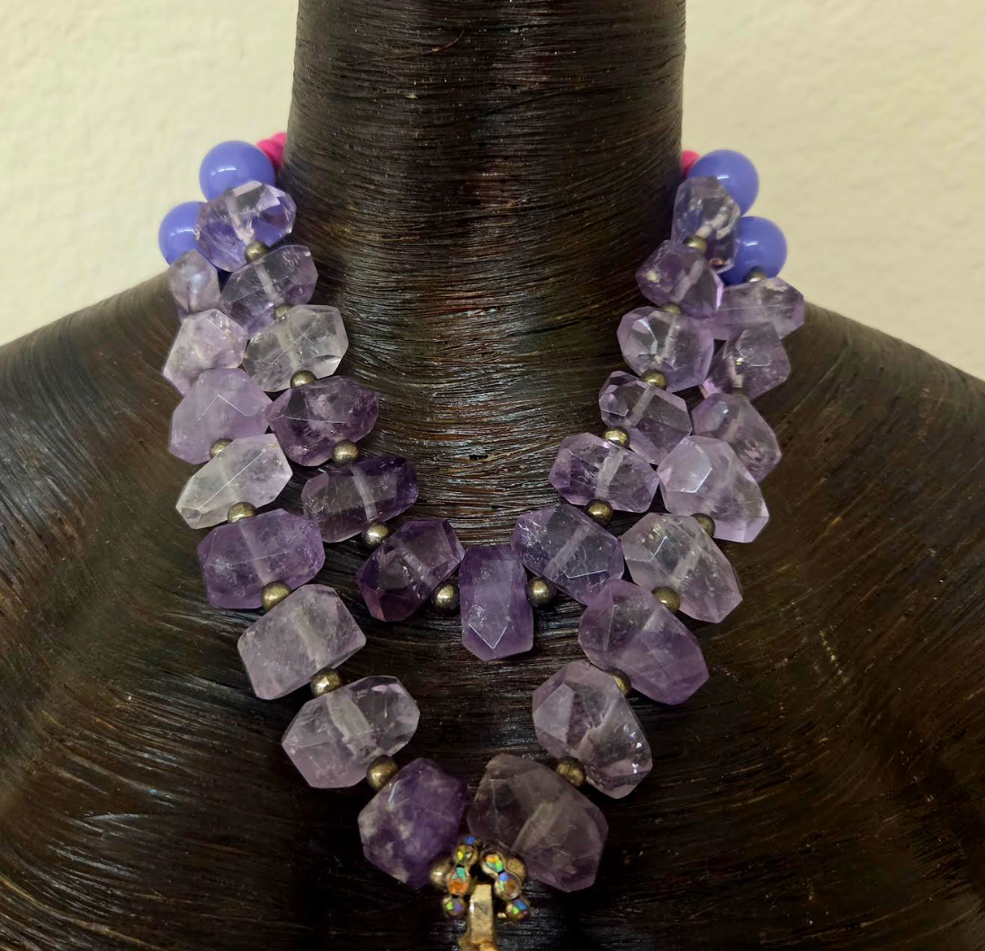 Huge Orchid Rhinestone Agate Pendant on a Faceted Amethyst Necklace