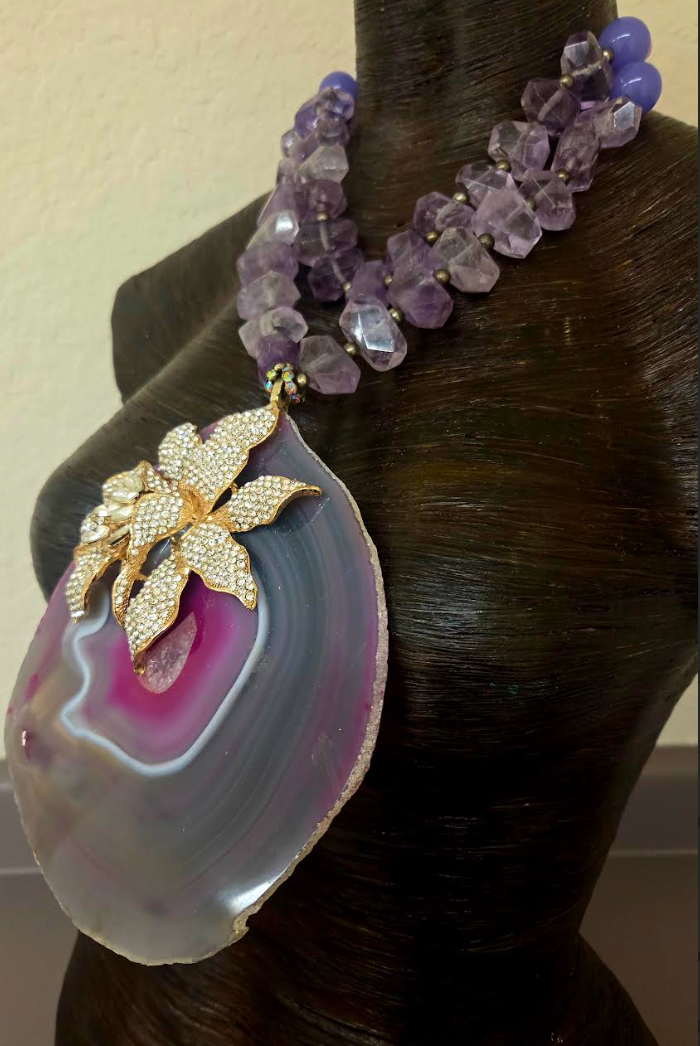 Huge Orchid Rhinestone Agate Pendant on a Faceted Amethyst Necklace
