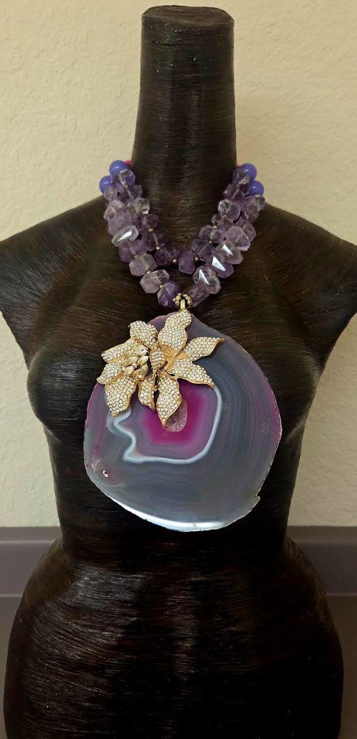 Huge Orchid Rhinestone Agate Pendant on a Faceted Amethyst Necklace