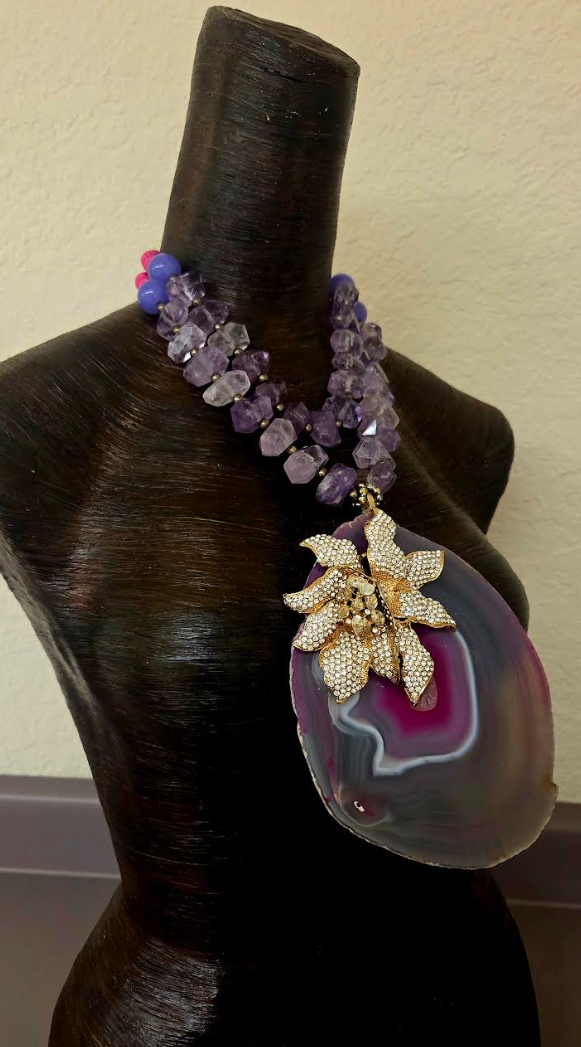Huge Orchid Rhinestone Agate Pendant on a Faceted Amethyst Necklace