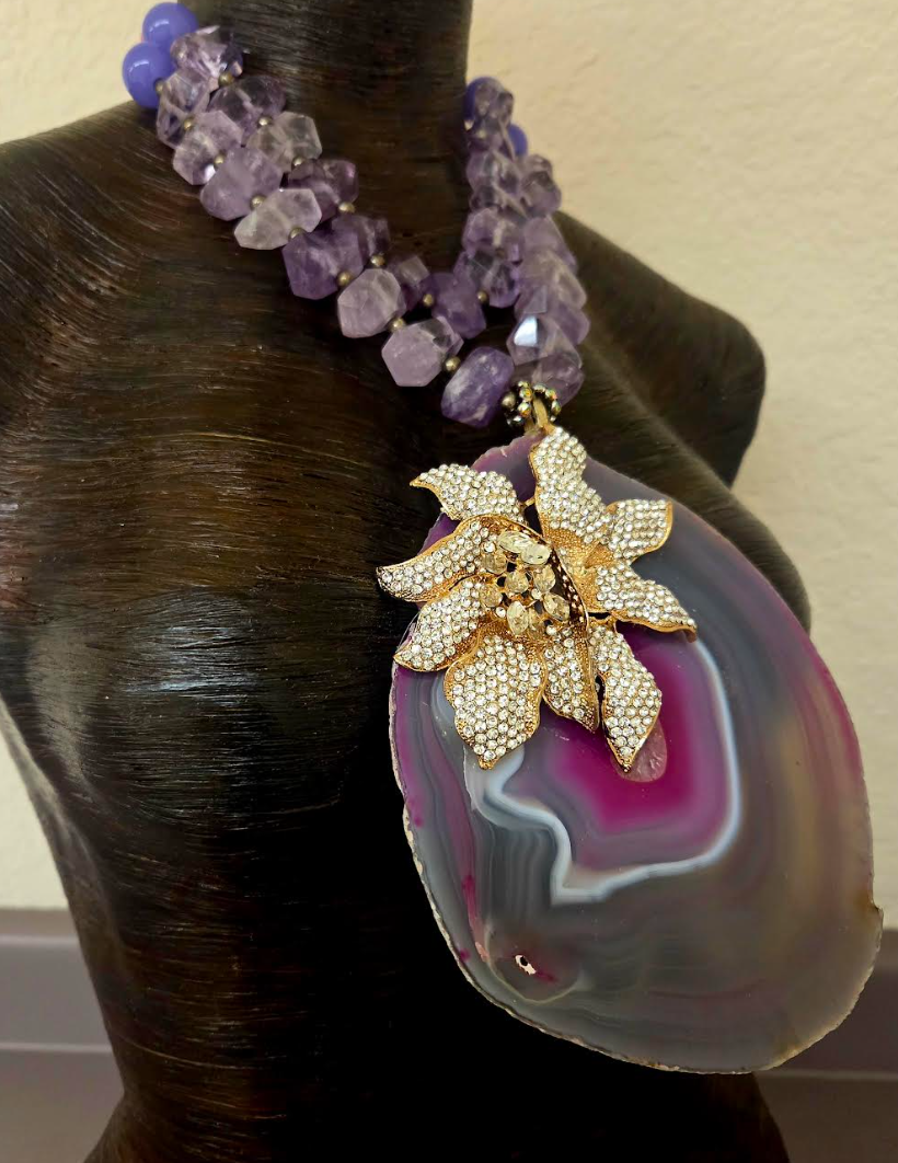 Huge Orchid Rhinestone Agate Pendant on a Faceted Amethyst Necklace
