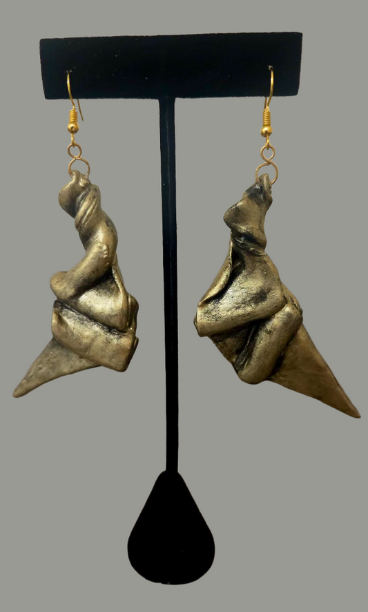 Faux Gold Metal Hand Sculpted Art Deco Style Pierced Earrings - OOAK