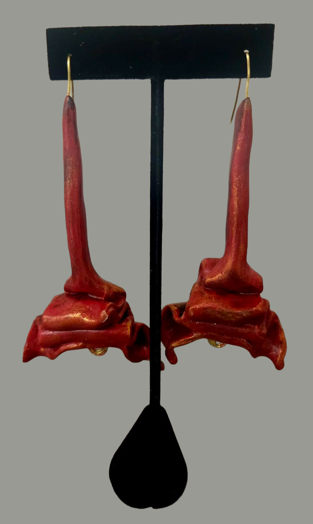 Hand Sculpted Fiery Red & Gold Shoulder Duster Pierced Earrings - Hot