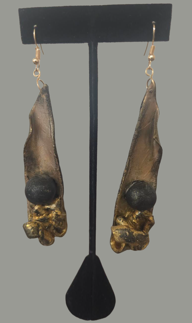 Golden Bronze Hand Sculpted Long Abstract Shoulder Duster Earrings