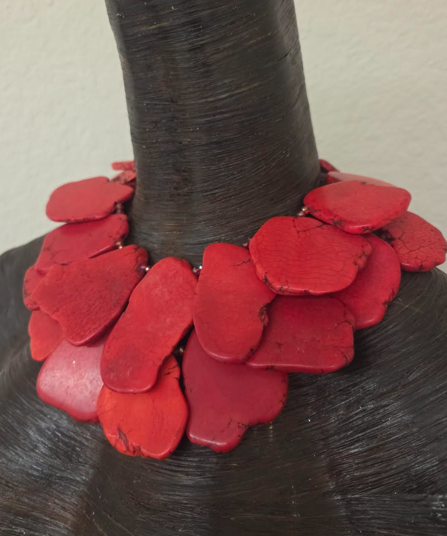 Red Orange Sea Sediment Oversized Slab Multi Strand Statement Necklace