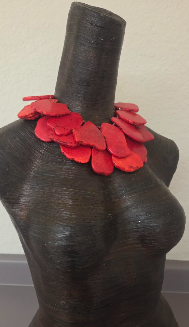 Red Orange Sea Sediment Oversized Slab Multi Strand Statement Necklace
