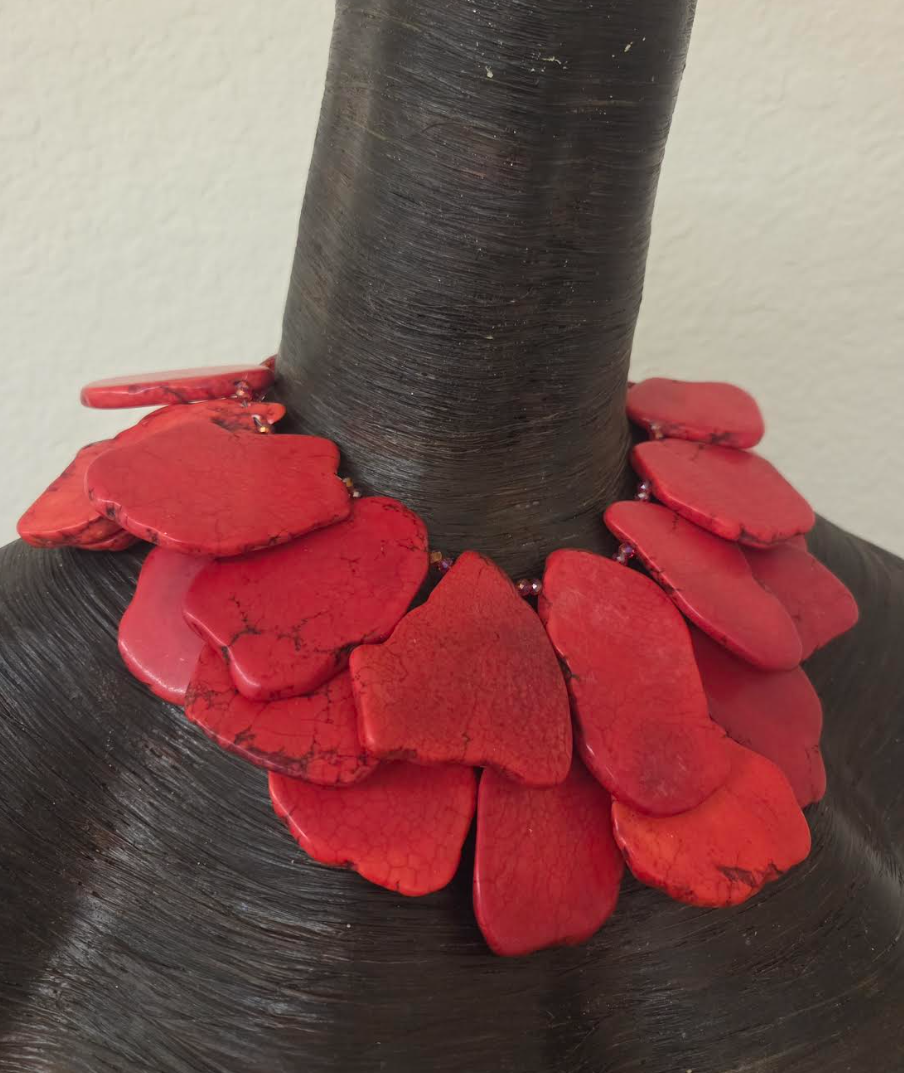 Red Orange Sea Sediment Oversized Slab Multi Strand Statement Necklace