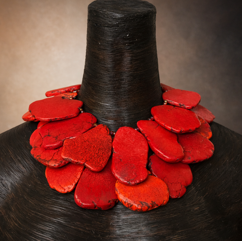 Red Orange Sea Sediment Oversized Slab Multi Strand Statement Necklace