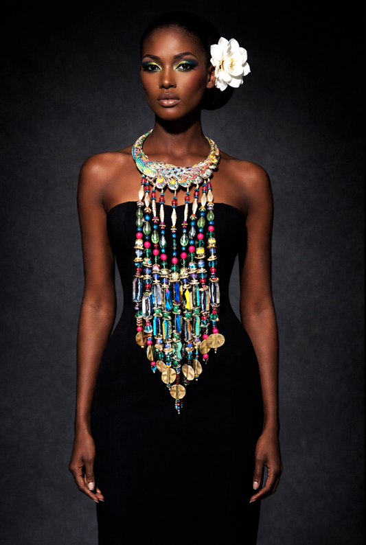 Miao Peacock Torc Beaded Waterfall Luxury Necklace