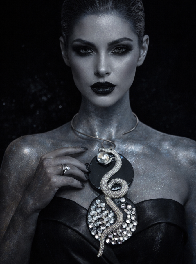 Sculpted Rhinestone & Crystal Snake Gemstone Pendant with Torc Collar