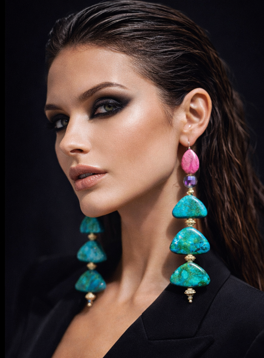 Chrysocolla Beaded Shoulder Dusters   Blue Green & Pink Exotic Long