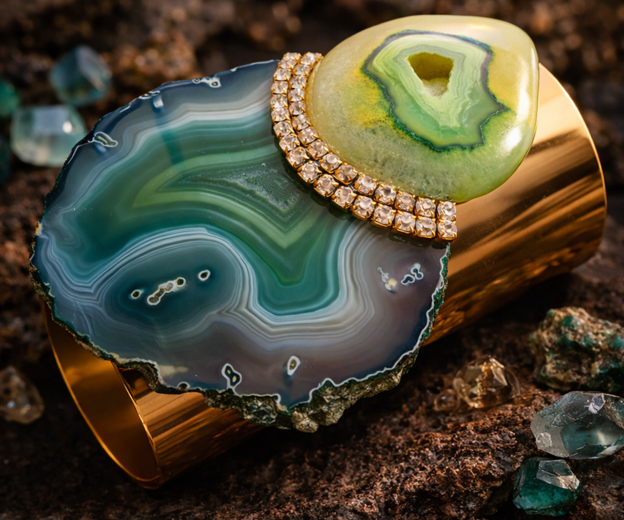 Green & Yellow Agate Wide Gold Tone Statement Cuff for Women - Bold