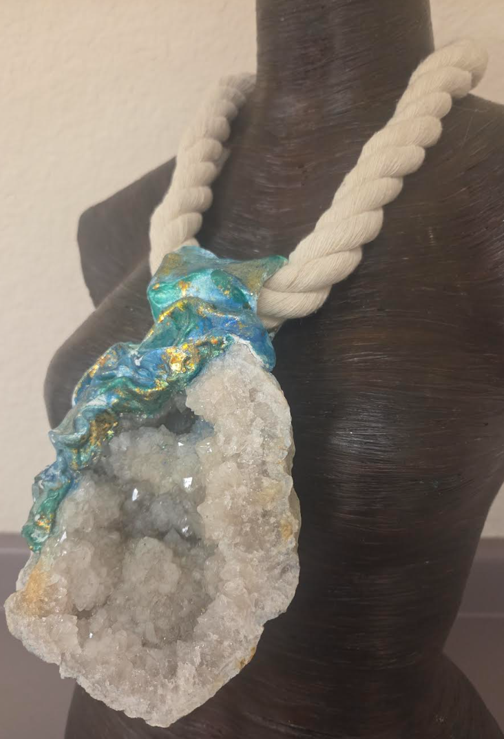 Huge Sculpted Geode Crystal Cave Pendant on a Thick Cotton Rope - Mens