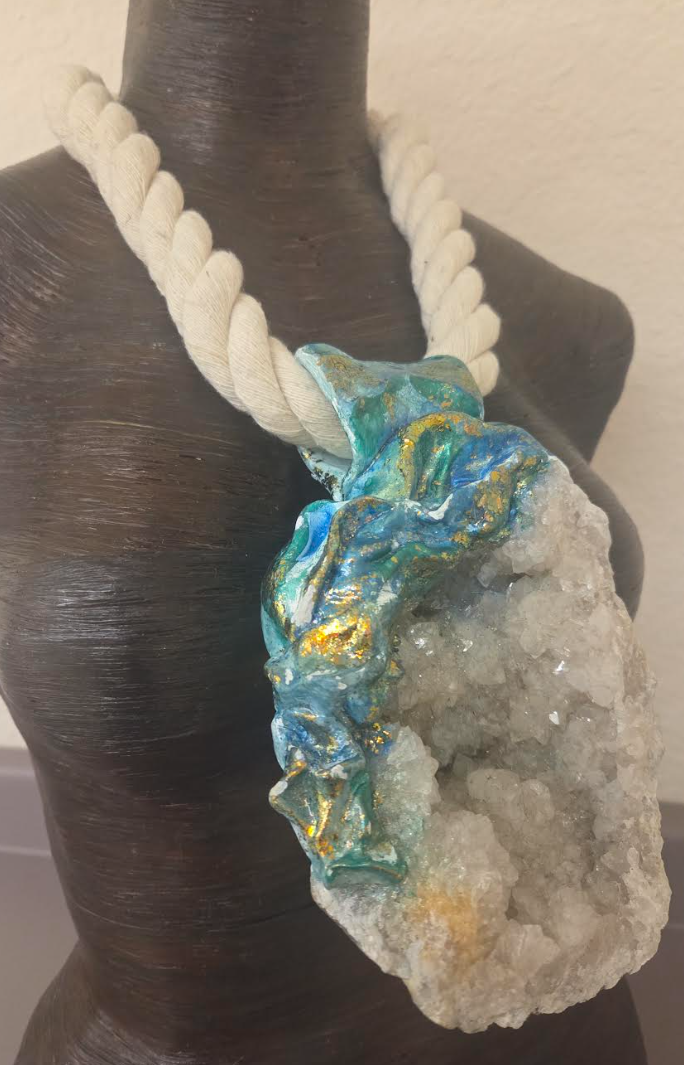 Huge Sculpted Geode Crystal Cave Pendant on a Thick Cotton Rope - Mens