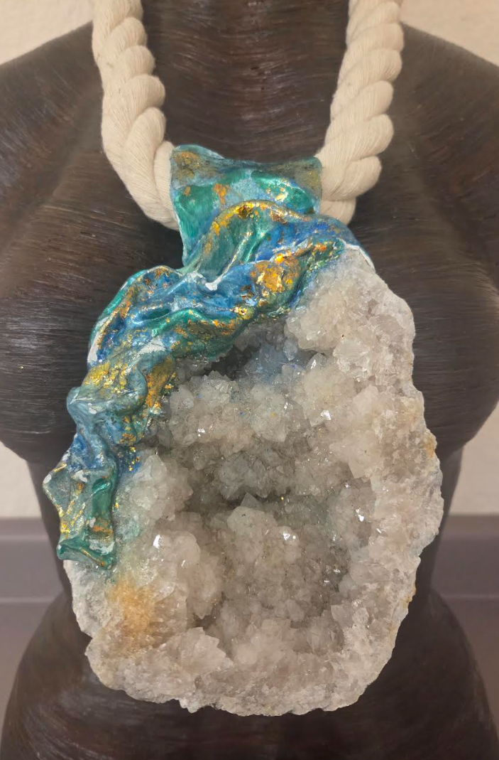 Huge Sculpted Geode Crystal Cave Pendant on a Thick Cotton Rope - Mens