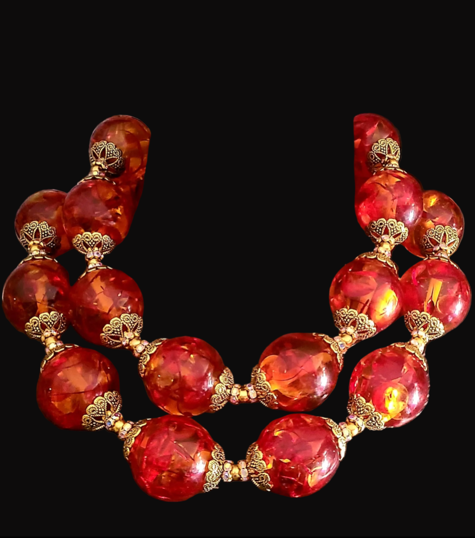 Jumbo Tibetan Resin & Gold Bead Cap Statement Luxury Necklace