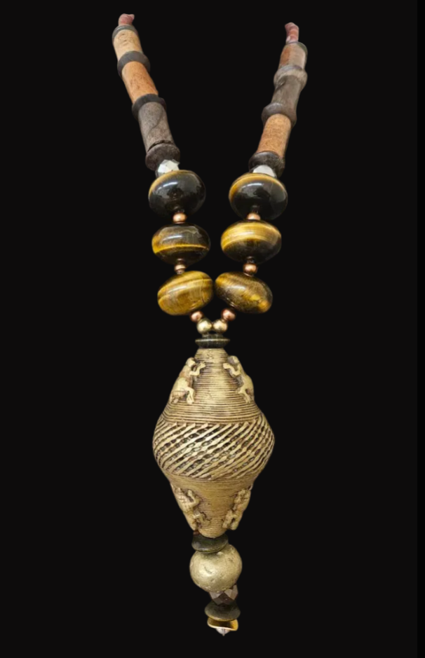 Earth Tone Tiger's Eye Wood & African Brass Tribal Statement Pendant