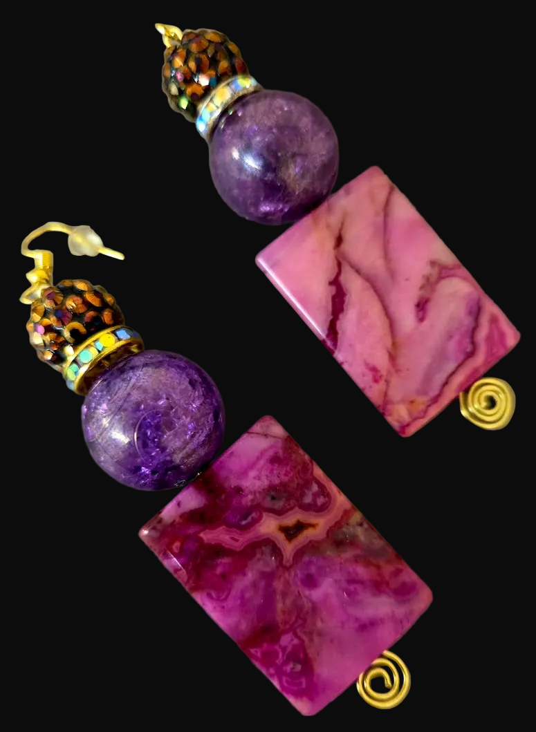 Pink Crazy Lace Agate Beaded Duster Pierced Earrings - OOAK Exclusive