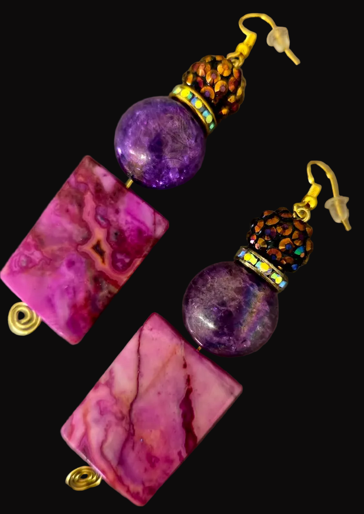 Pink Crazy Lace Agate Beaded Duster Pierced Earrings - OOAK Exclusive