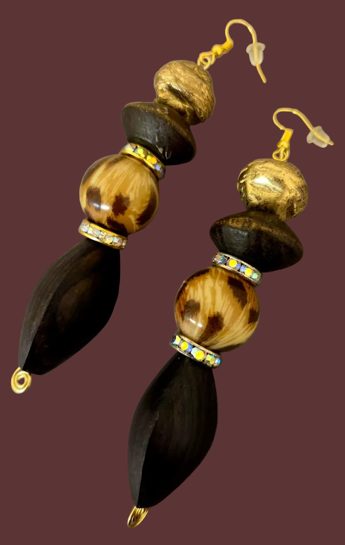 Wood Leopard & Gold Tone Beaded Shoulder Duster Pierced Earrings