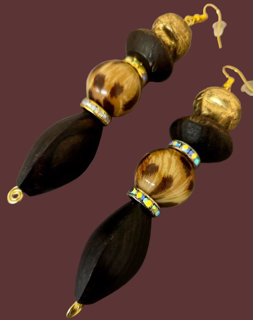 Wood Leopard & Gold Tone Beaded Shoulder Duster Pierced Earrings