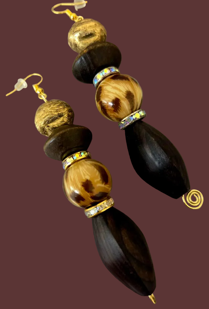 Wood Leopard & Gold Tone Beaded Shoulder Duster Pierced Earrings