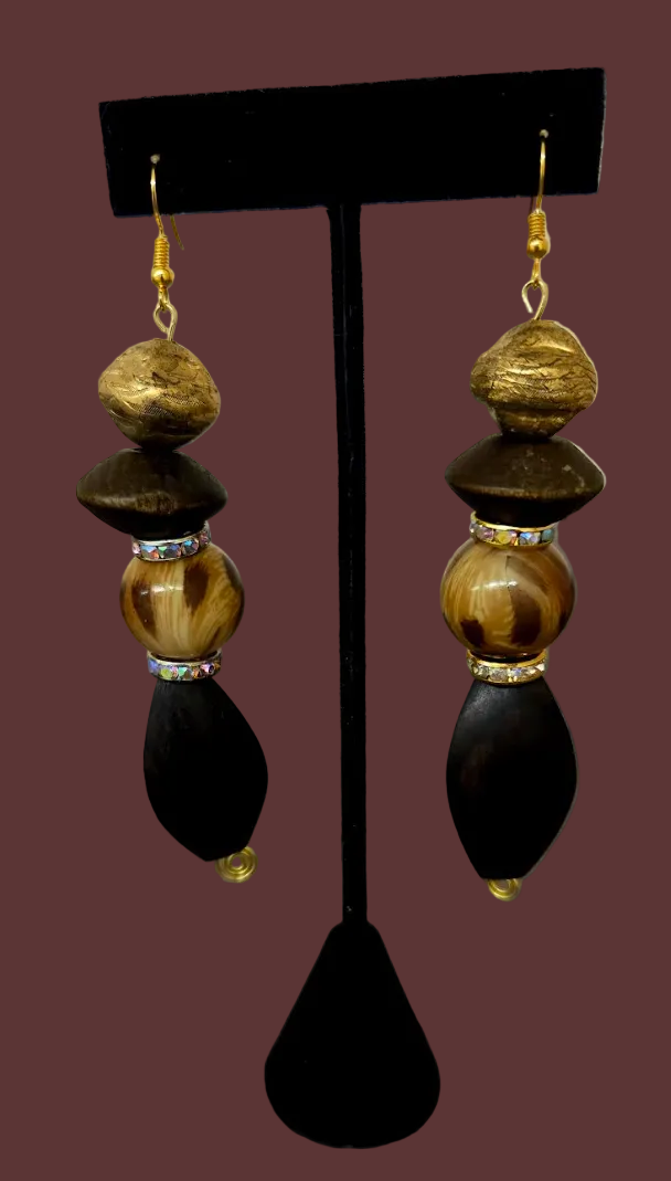 Wood Leopard & Gold Tone Beaded Shoulder Duster Pierced Earrings
