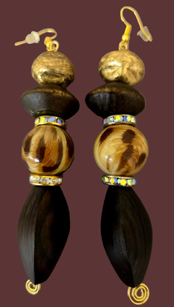 Wood Leopard & Gold Tone Beaded Shoulder Duster Pierced Earrings