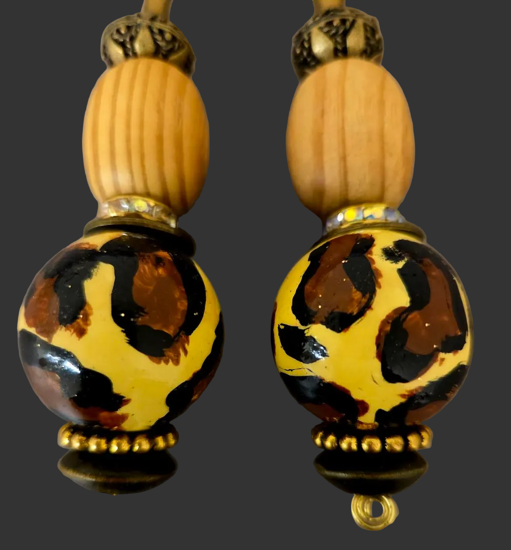 Hand Painted Leopard Oversided Beaded Dangle Pierced Earrings - Wild