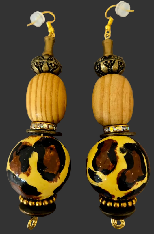 Hand Painted Leopard Oversided Beaded Dangle Pierced Earrings - Wild