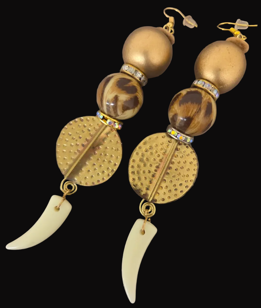 Golden Safari Inspired Shoulder Duster Pierced Earrings - Haute Couture
