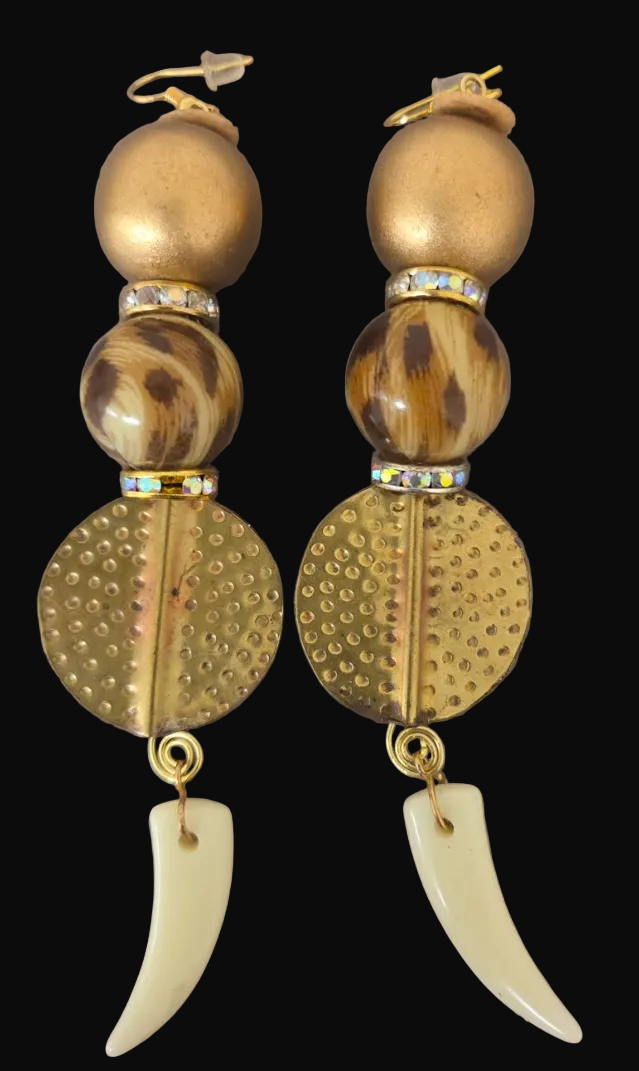 Golden Safari Inspired Shoulder Duster Pierced Earrings - Haute Couture