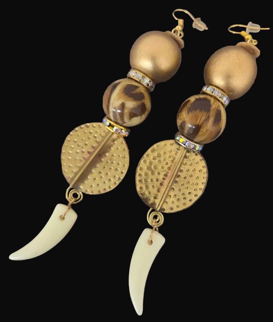 Golden Safari Inspired Shoulder Duster Pierced Earrings - Haute Couture