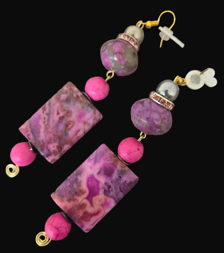 Pink & Purple Gemstone Beaded Shoulder Duster Pierced Earrings ~ Sexy