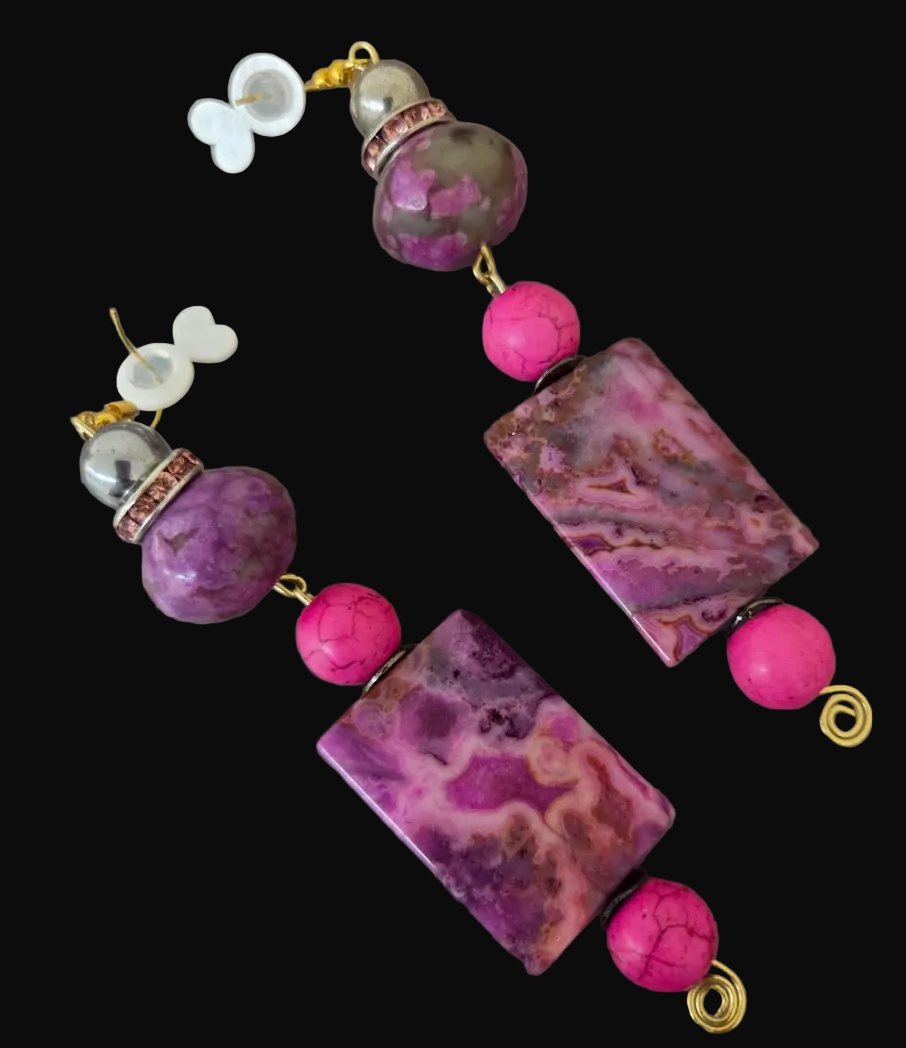 Pink & Purple Gemstone Beaded Shoulder Duster Pierced Earrings ~ Sexy