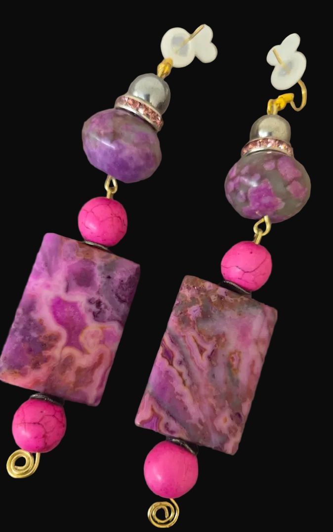 Pink & Purple Gemstone Beaded Shoulder Duster Pierced Earrings ~ Sexy