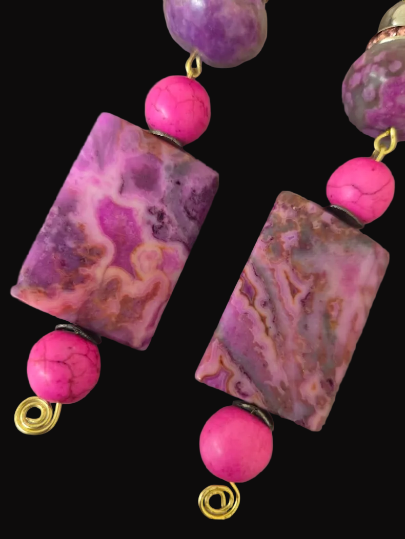 Pink & Purple Gemstone Beaded Shoulder Duster Pierced Earrings ~ Sexy