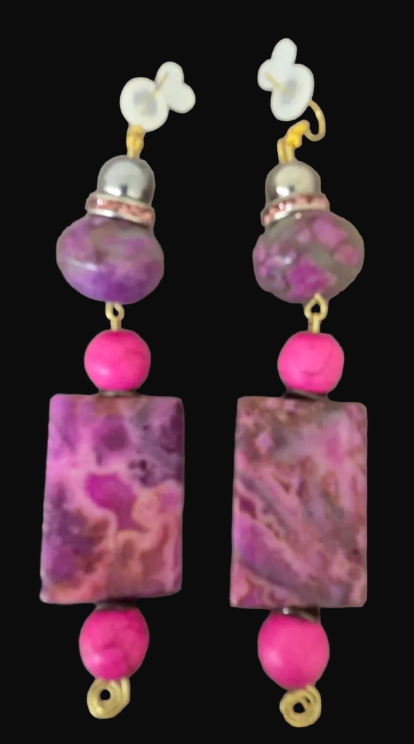 Pink & Purple Gemstone Beaded Shoulder Duster Pierced Earrings ~ Sexy