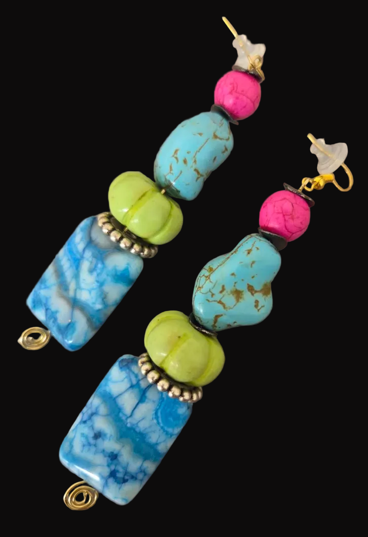 Multi-Colored Gemstone Beaded Dangle Pierced Earrings - OOAK