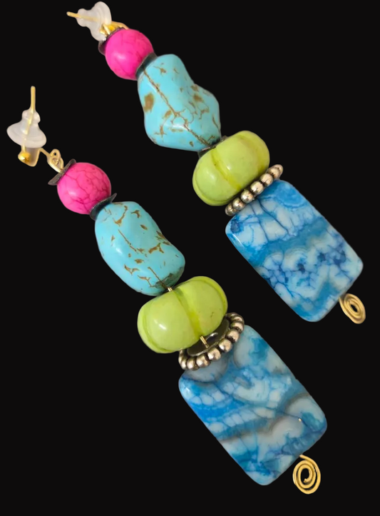 Multi-Colored Gemstone Beaded Dangle Pierced Earrings - OOAK