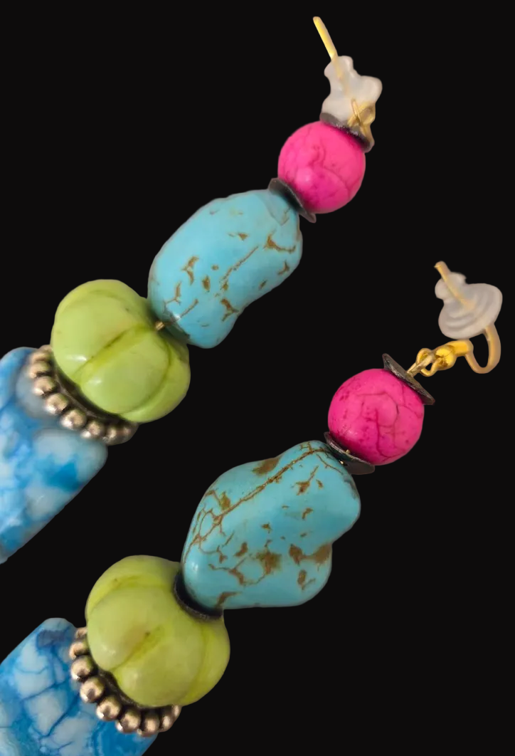 Multi-Colored Gemstone Beaded Dangle Pierced Earrings - OOAK