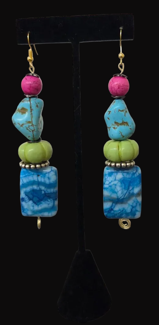 Multi-Colored Gemstone Beaded Dangle Pierced Earrings - OOAK
